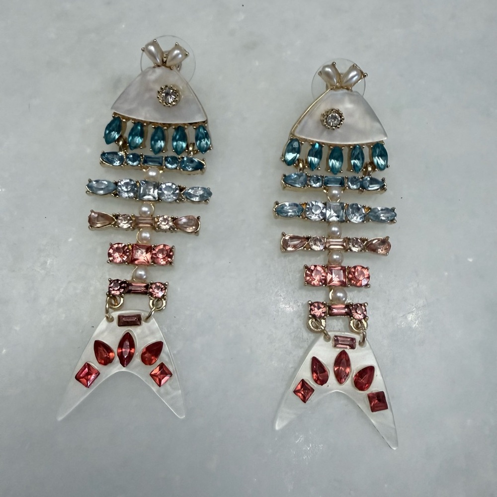 Colorful Beaded Fish Drop Earrings - Teal, Blue, Pink, and White
